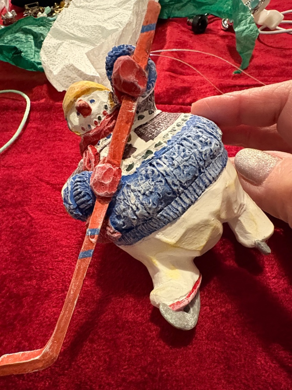 Hand-Painted Snowman Hockey Ornament Blue Sweater, Red Stick very old see pics